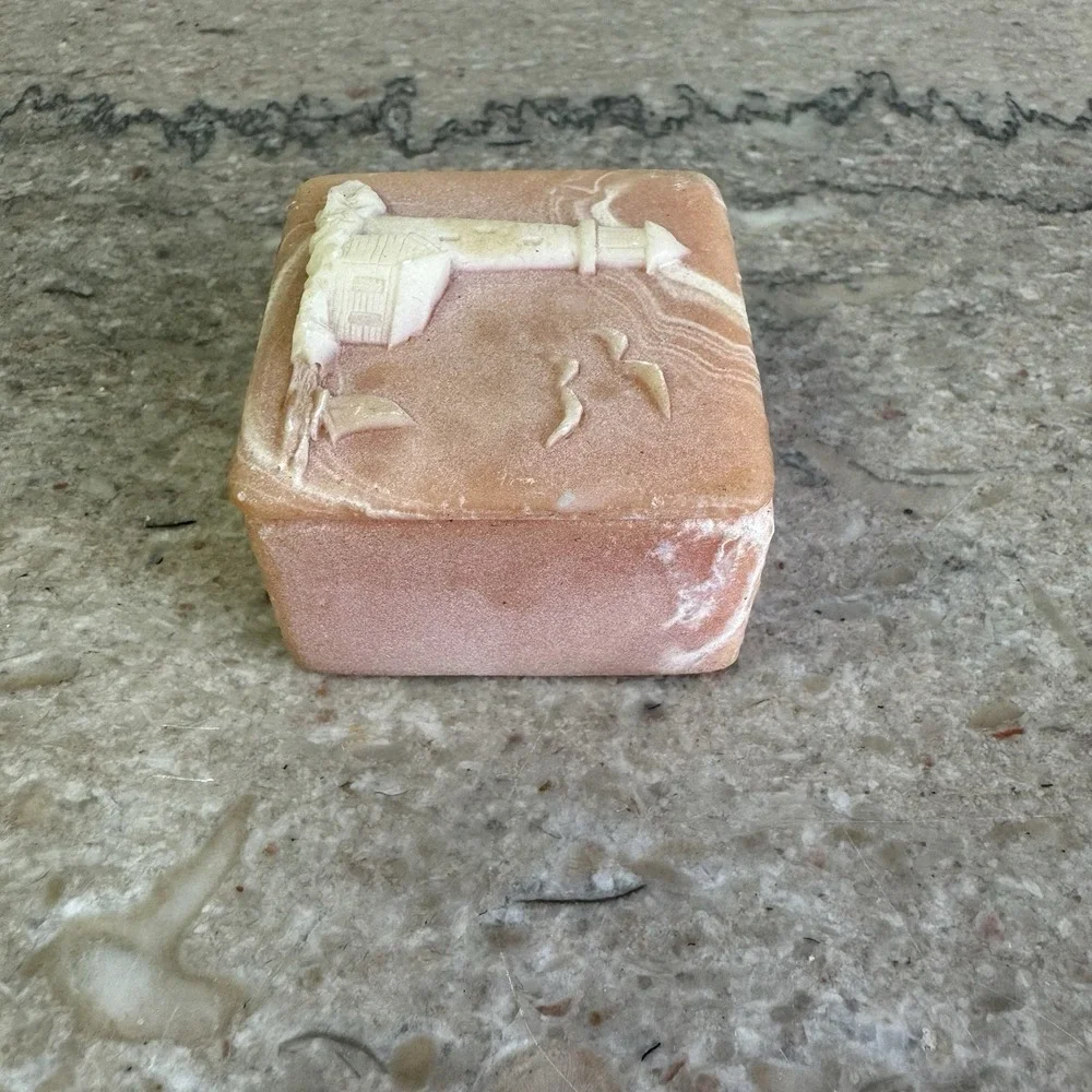 VTG Incolay Stone Jewelry Trinket Box W/ Lighthouse And Sailboat Pink Soapstone